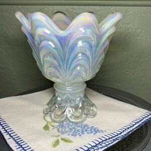 Fenton Opal Mist Carnival Glass Two-Way Votive Candle Holder, RARE